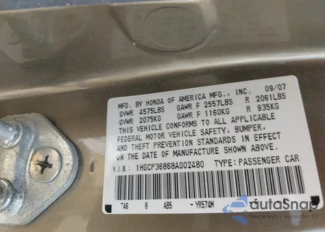 2008 Honda Accord 3.5 Ex-L from USA, damaged, VIN 1HGCP36868A002480